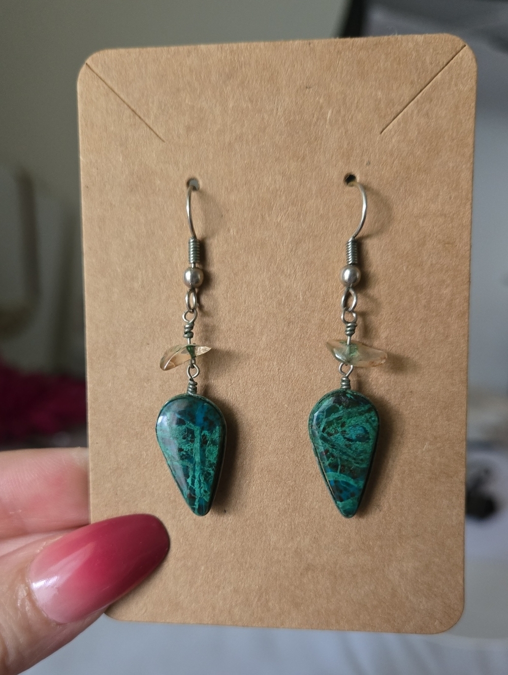 Vintage Teardrop Green-Blue Stone Dangle Earrings - Vintage